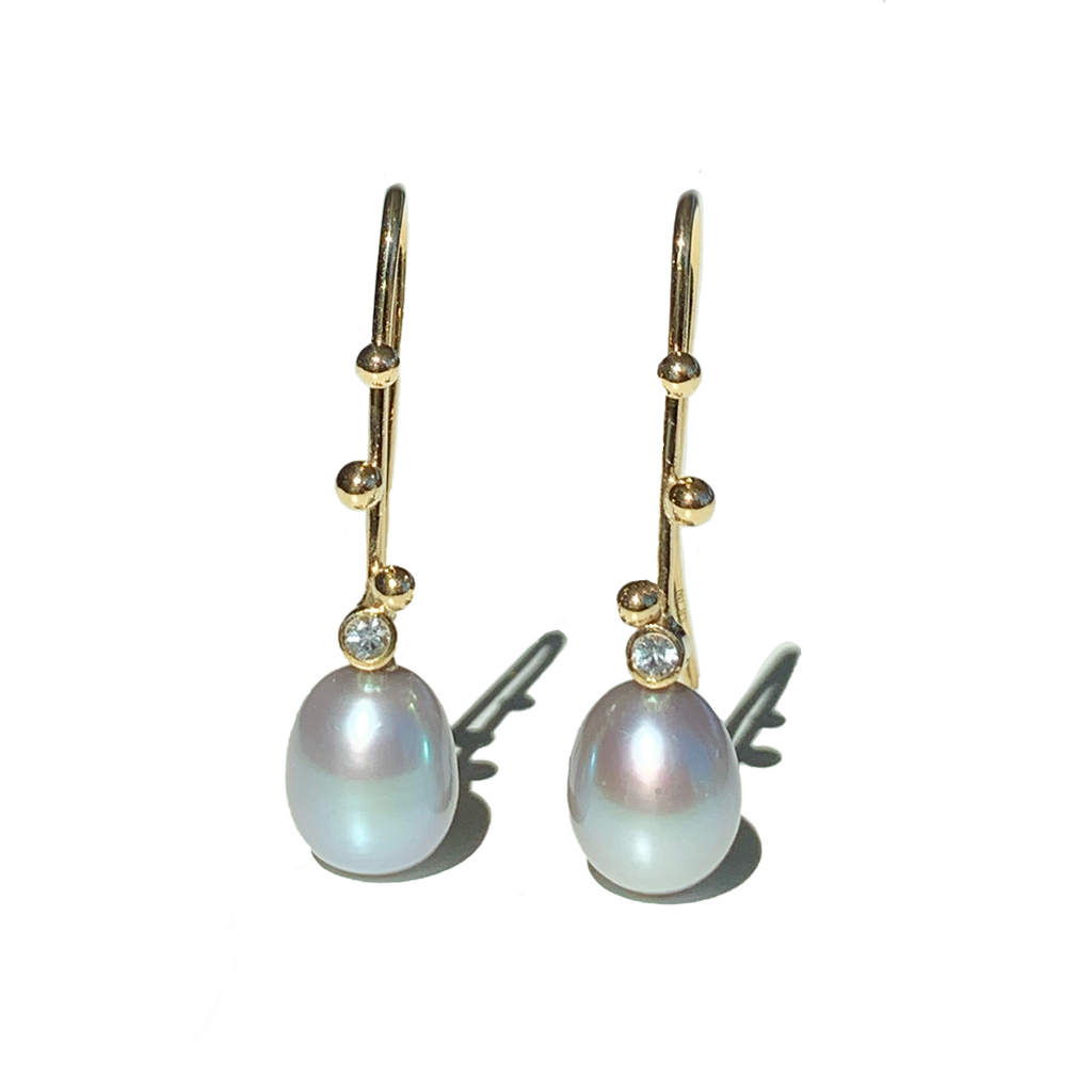 Earrings 18K Solid Gold with Grey Pearls and White Sapphires