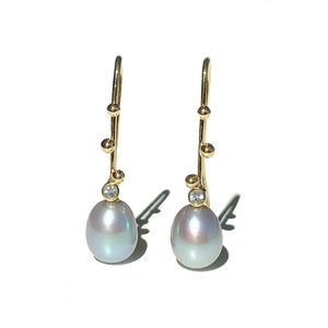 Earrings 18K Solid Gold with Grey Pearls and White Sapphires