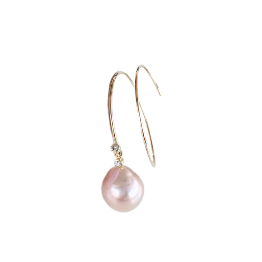 Single Earring in 14K Solid Gold Double Hoop with One Pink Freshwater Pearl and Two White Sapphires Earring Size Large by Susan Brandt Jewelry