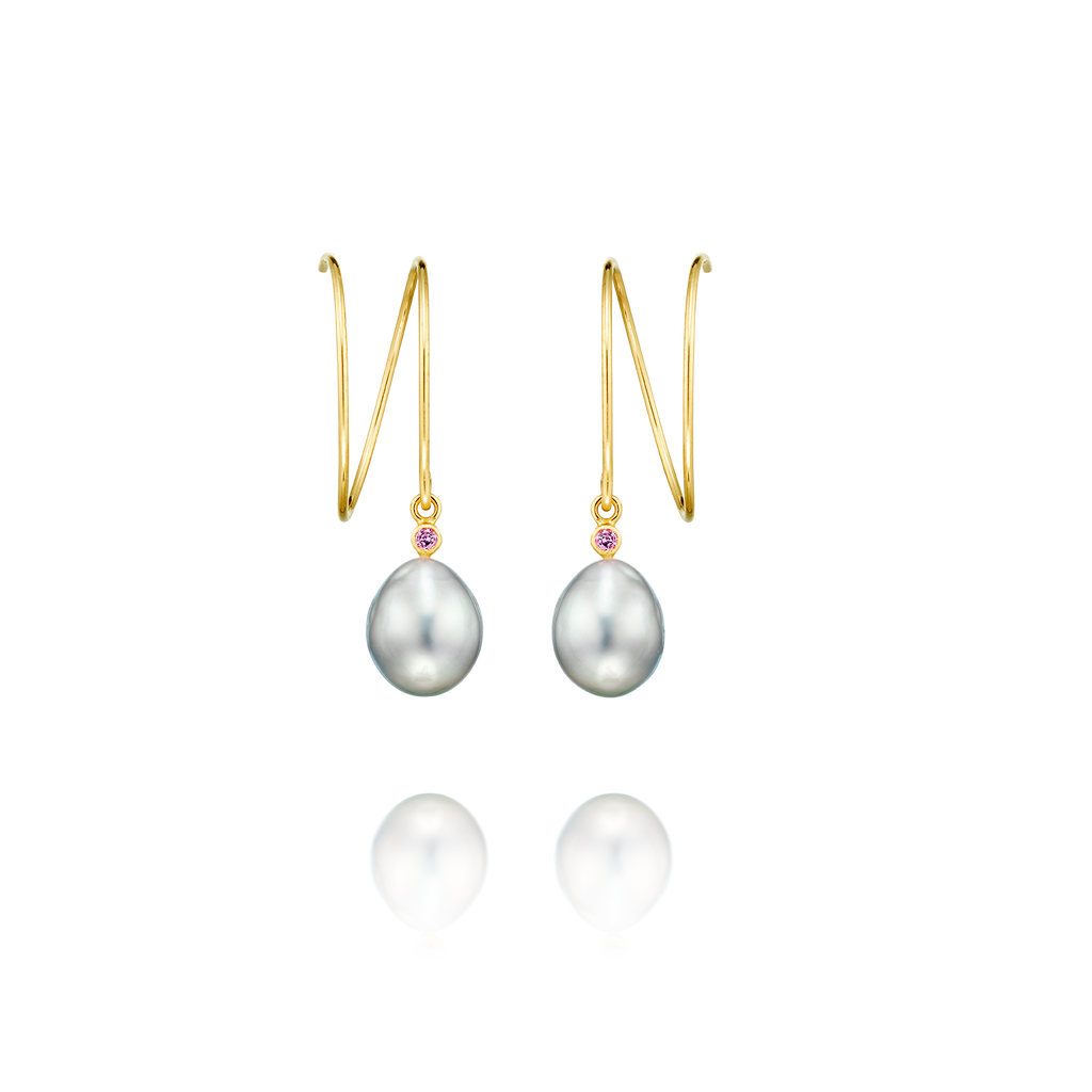 Earrings 14K Solid Gold Double Hoops with Tahiti Pearls and Pink Sapphires Medium Size