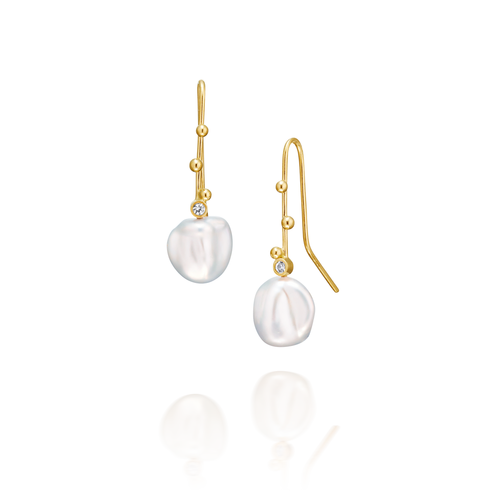 Earrings 18K Solid Gold with Keshi Shaped Pearls and White Sapphires