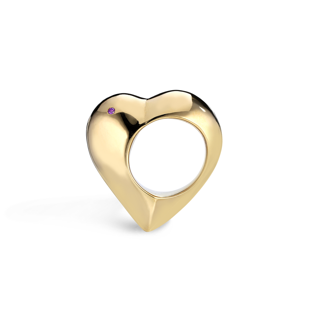 Love ring: Heart-shaped cocktail ring 24K gold plated silver with purple diamond Susan Brandt Jewelry