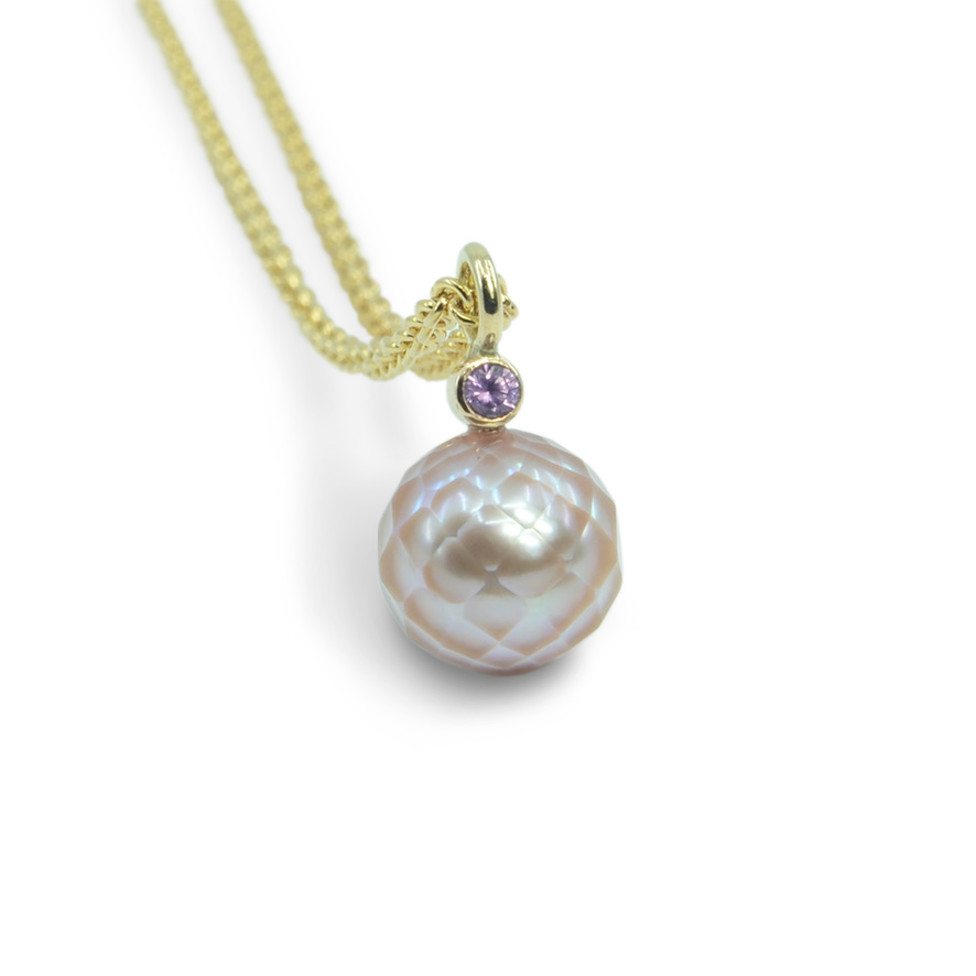 Pendant for Necklace in 14K Solid Gold with Faceted Pink Pearl and Pink Sapphire