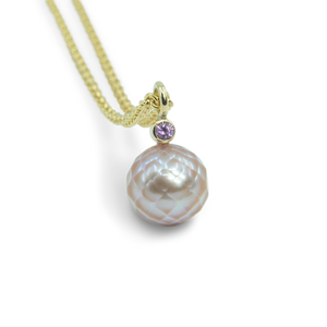 Pendant for Necklace in 14K Solid Gold with Faceted Pink Pearl and Pink Sapphire