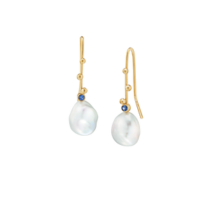 Earrings 18K Solid Gold with Keshi Shaped Pearls and Blue Sapphires