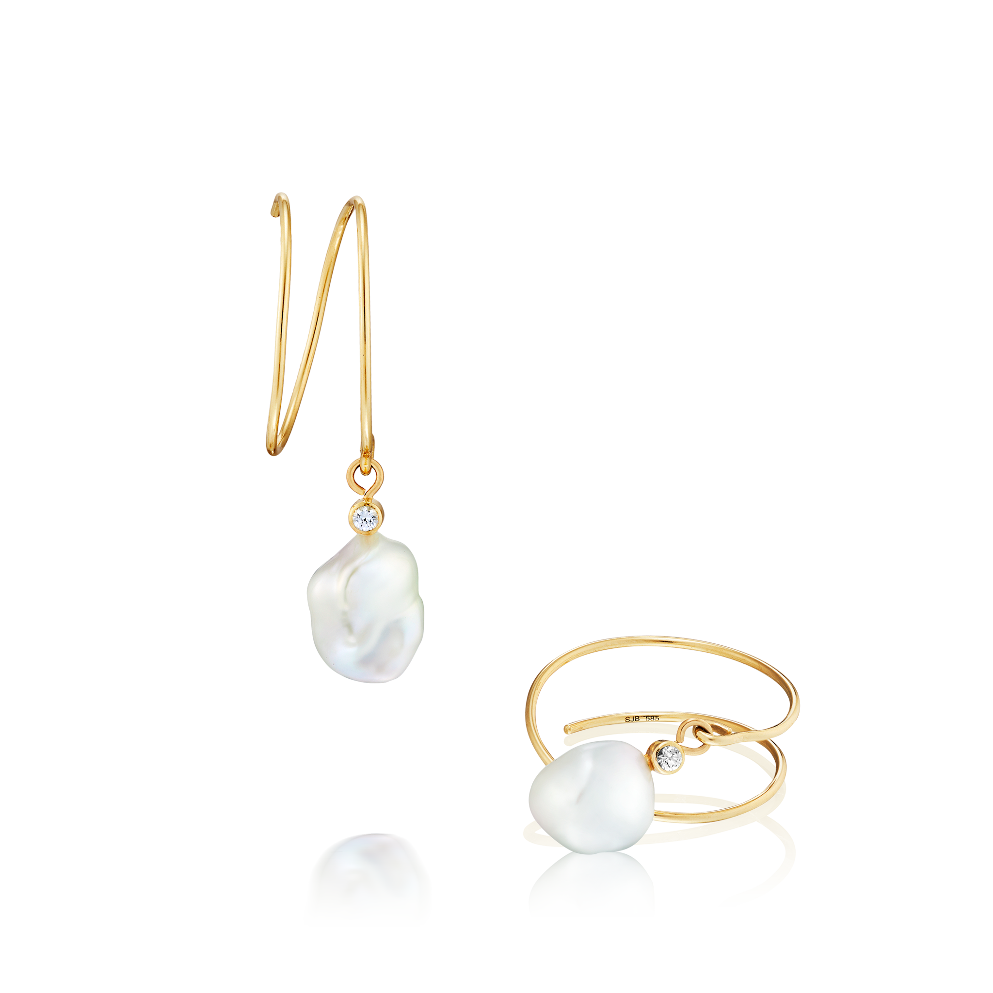 Earrings 14K Solid Gold Double Hoops with Keshi Shaped Pearls and White Sapphires medium size by Susan Brandt Jewelry