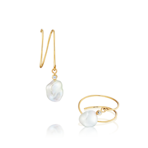 Earrings 14K Solid Gold Double Hoops with Keshi Shaped Pearls and White Sapphires medium size by Susan Brandt Jewelry