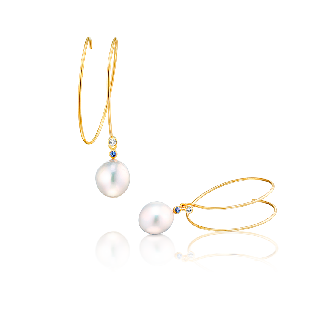 Earrings 14K Solid Gold Double Hoops with Pearls and White and Blue Sapphires, Large Size