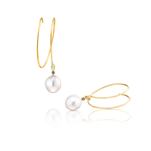 Earrings 14K Solid Gold Double Hoops with Pearls and White and Blue Sapphires, Large Size