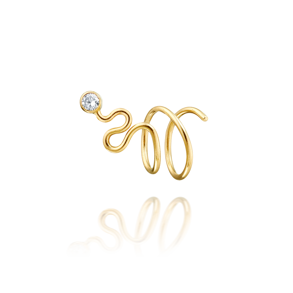 Single Snake Earring in 14K Solid Gold with White Sapphire for the Right Ear