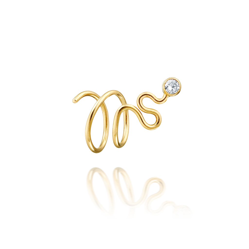 Single Snake Earring in 14K Solid Gold with White Sapphire for the Left Ear