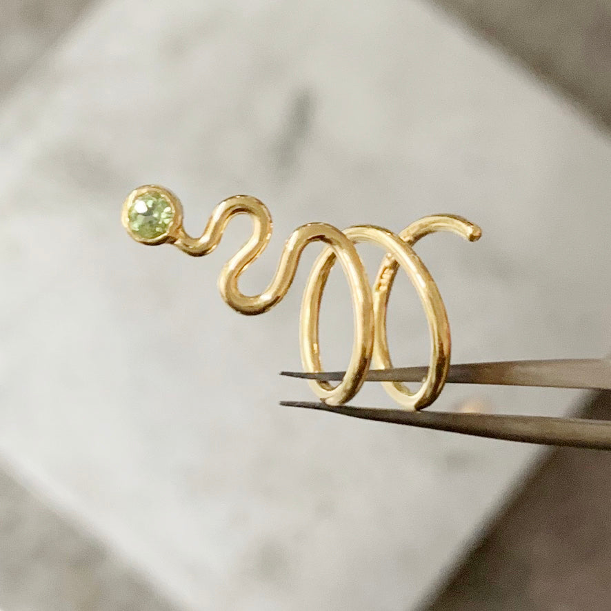 Single Snake Earring 24K Gold Plated Sterling Silver with Green Peridot Right Ear