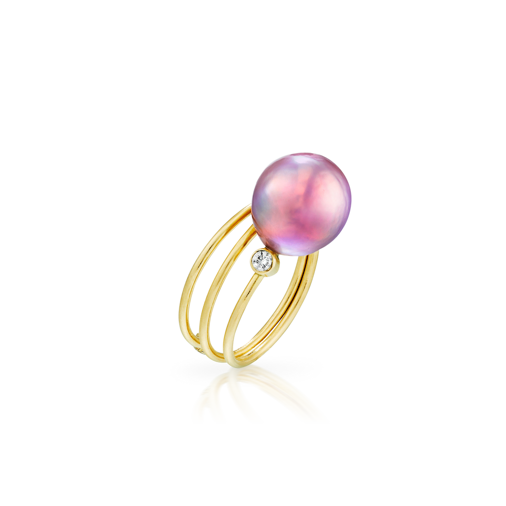 Gold Ring 14K Solid Gold with Pink Freshwater Pearl and White Sapphires